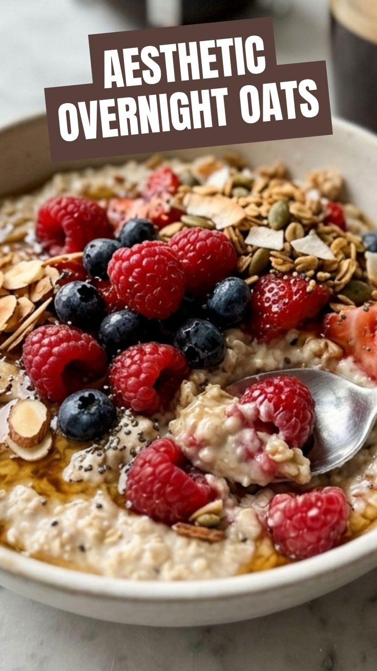 A glass jar filled with creamy overnight oats, topped with fresh berries and nuts.