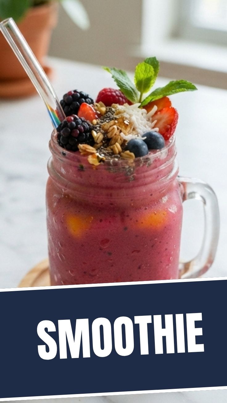 A colorful, freshly blended smoothie in a glass with a straw