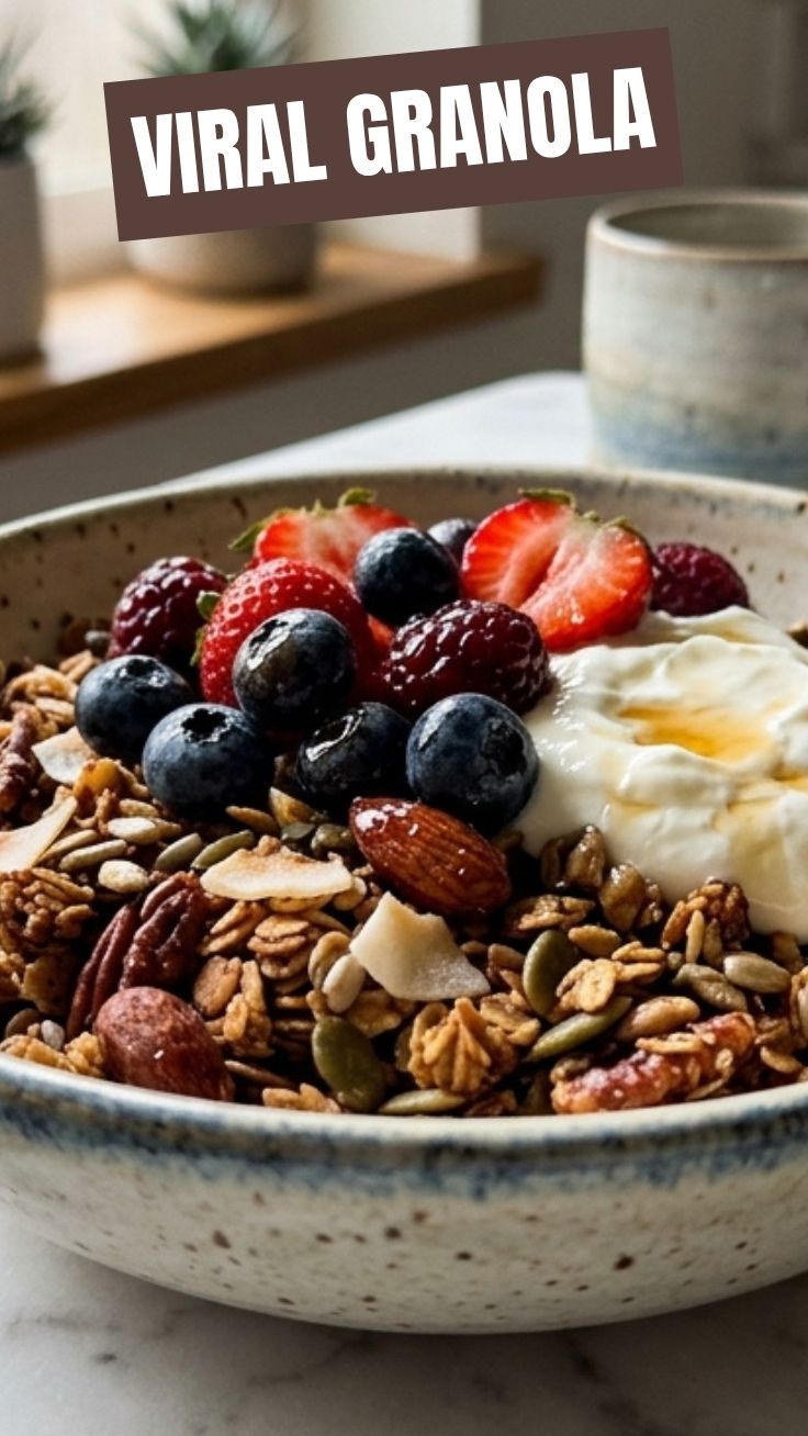 A vibrant bowl of granola with fresh berries and yogurt