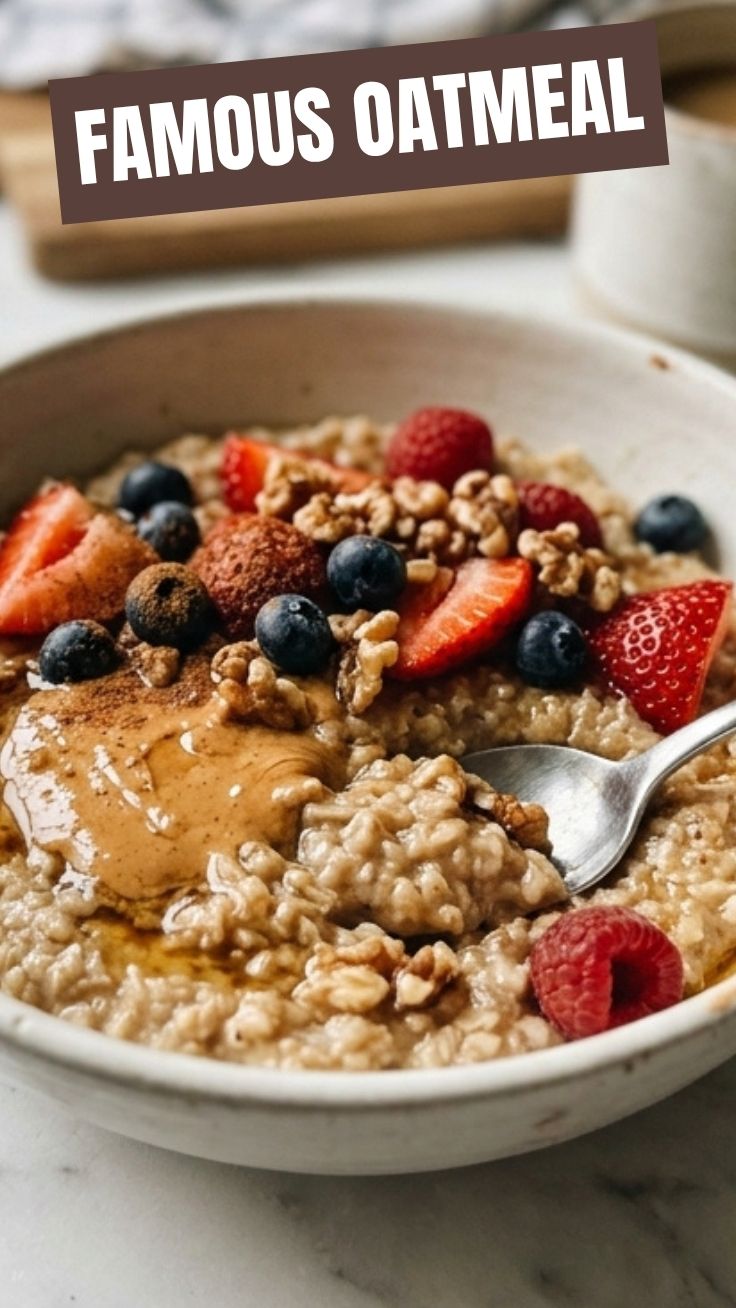 A steaming bowl of oatmeal topped with fresh berries and nuts.