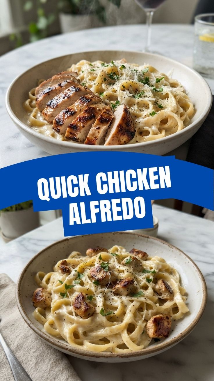 A serving of creamy chicken alfredo pasta with grilled chicken slices and parmesan cheese.