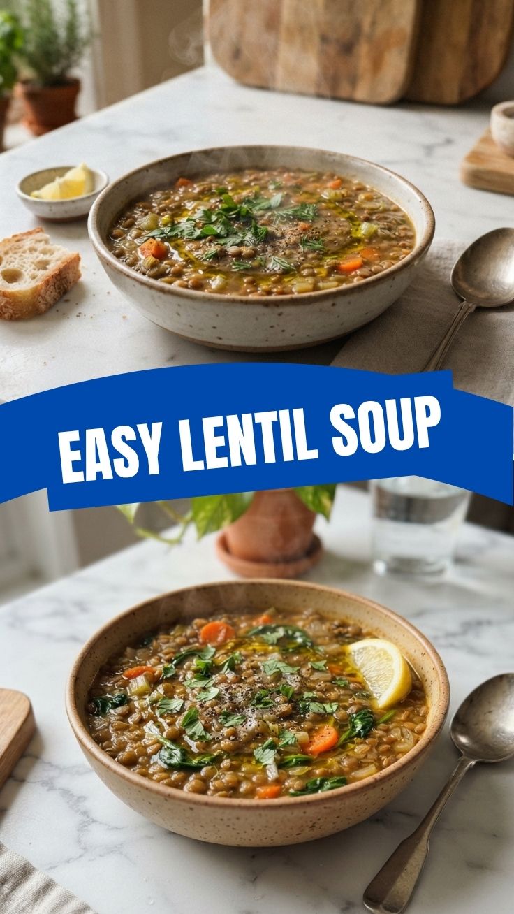 A steaming bowl of hearty lentil soup garnished with fresh herbs.