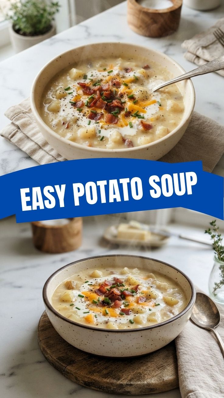 A steaming bowl of hearty potato soup, garnished with chives.