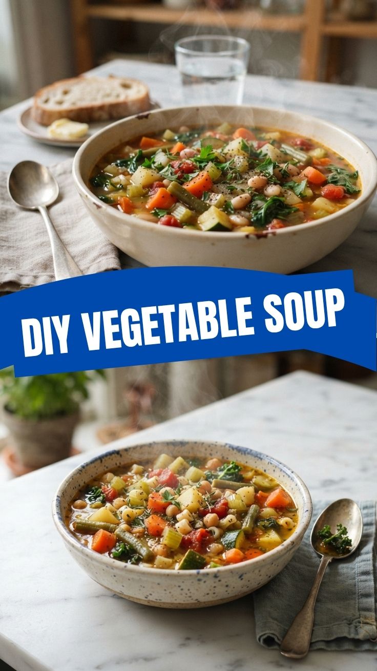 A steaming bowl of hearty vegetable soup, rich with fresh ingredients