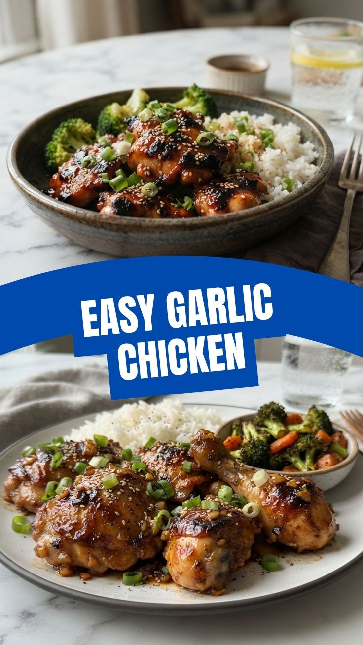 Close-up of succulent honey garlic chicken glazed to perfection, garnished with herbs.