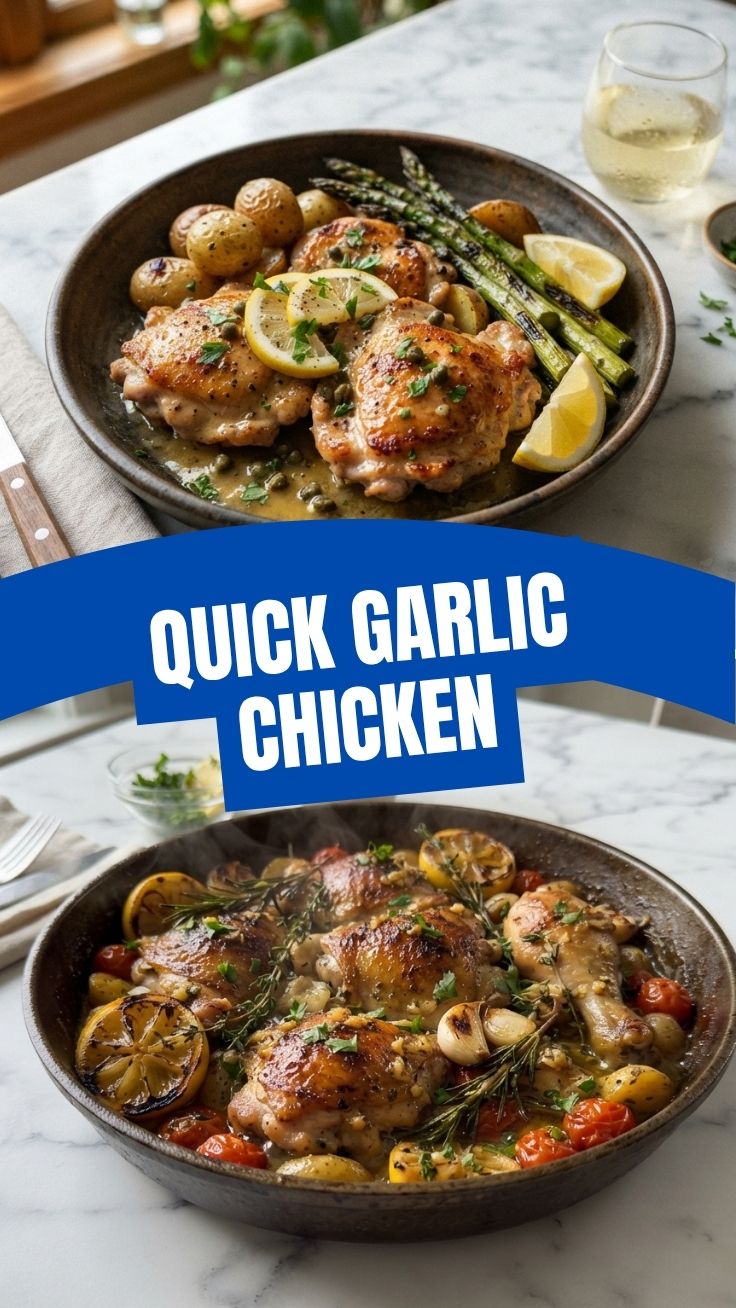 A serving of perfectly roasted lemon garlic chicken, golden-brown and glistening.