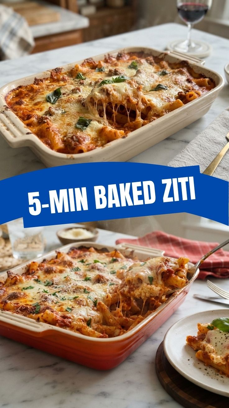 A bubbling dish of savory baked ziti, rich with sauce and cheese