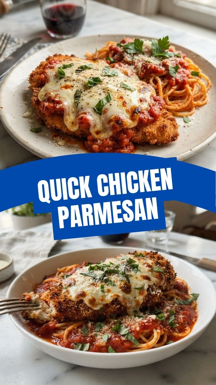 A serving of golden-brown chicken parmesan topped with melted cheese and marinara sauce.