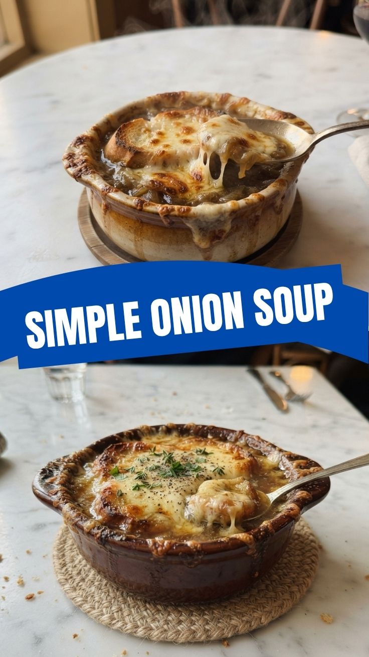 A bowl of traditional French onion soup with melted cheese on top